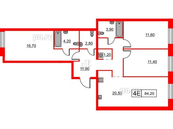 Квартира в ЖК Шкиперский, 19, 3 комнатная, 84.2 м², 2 этаж