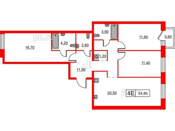 Квартира в ЖК Шкиперский, 19, 3 комнатная, 84.8 м², 5 этаж