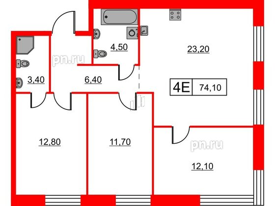 Квартира в ЖК Шкиперский, 19, 3 комнатная, 74.1 м², 3 этаж