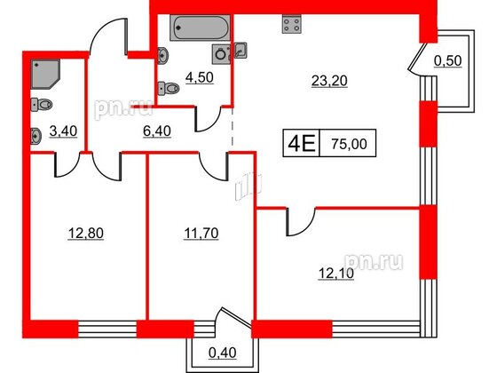 Квартира в ЖК Шкиперский, 19, 3 комнатная, 75 м², 6 этаж