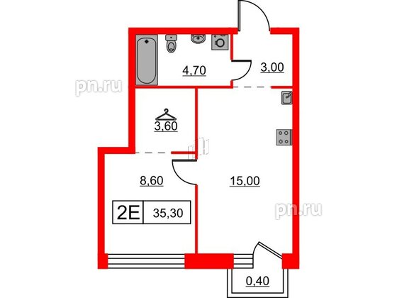 Квартира в ЖК Шкиперский, 19, 1 комнатная, 35.3 м², 6 этаж