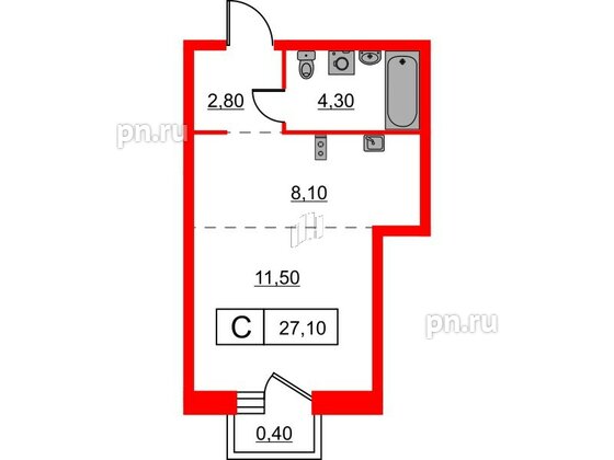 Квартира в ЖК Шкиперский, 19, студия, 27.1 м², 11 этаж