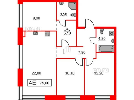 Квартира в ЖК Шкиперский, 19, 3 комнатная, 75 м², 5 этаж