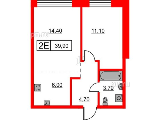 Квартира в ЖК Шкиперский, 19, 1 комнатная, 39.9 м², 1 этаж