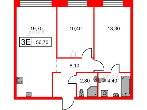 Квартира в ЖК Шкиперский, 19, 2 комнатная, 56.7 м², 4 этаж