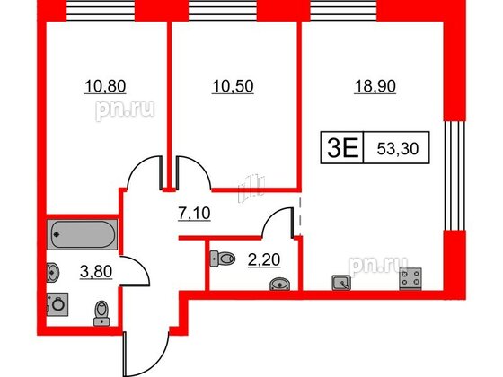 Квартира в ЖК Шкиперский, 19, 2 комнатная, 53.3 м², 3 этаж