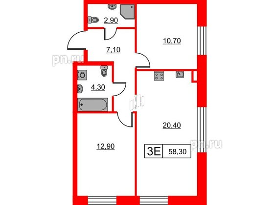 Квартира в ЖК Шкиперский, 19, 2 комнатная, 58.3 м², 5 этаж