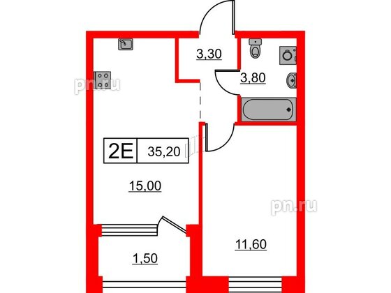 Квартира в ЖК Шкиперский, 19, 1 комнатная, 35.2 м², 2 этаж