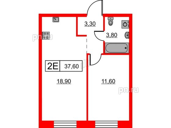 Квартира в ЖК Шкиперский, 19, 1 комнатная, 37.6 м², 3 этаж