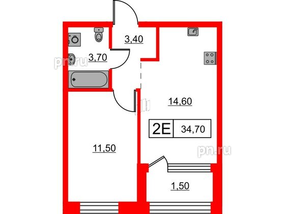 Квартира в ЖК Шкиперский, 19, 1 комнатная, 34.7 м², 1 этаж