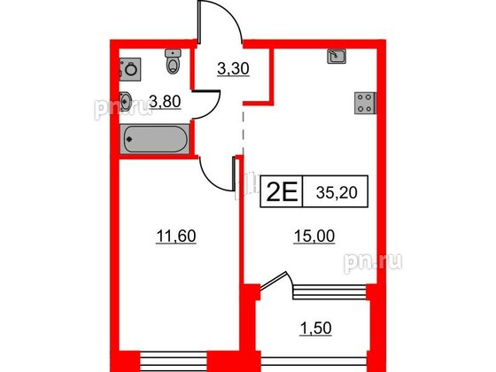 Квартира в ЖК Шкиперский, 19, 1 комнатная, 35.2 м², 2 этаж