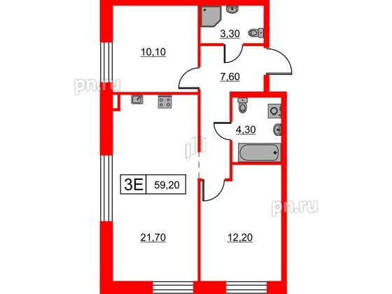 Квартира в ЖК Шкиперский, 19, 2 комнатная, 59.2 м², 4 этаж