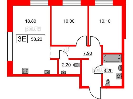 Квартира в ЖК Шкиперский, 19, 2 комнатная, 53.2 м², 1 этаж