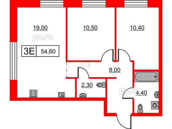 Квартира в ЖК Шкиперский, 19, 2 комнатная, 54.6 м², 3 этаж