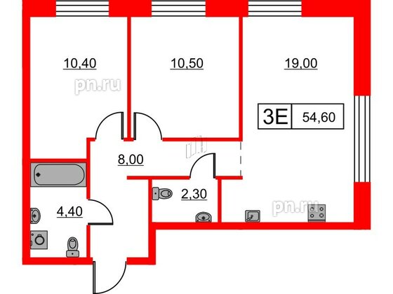 Квартира в ЖК Шкиперский, 19, 2 комнатная, 54.6 м², 2 этаж