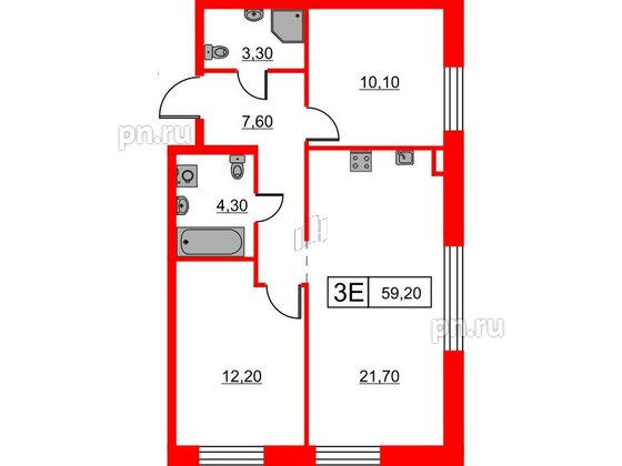 Квартира в ЖК Шкиперский, 19, 2 комнатная, 59.2 м², 3 этаж