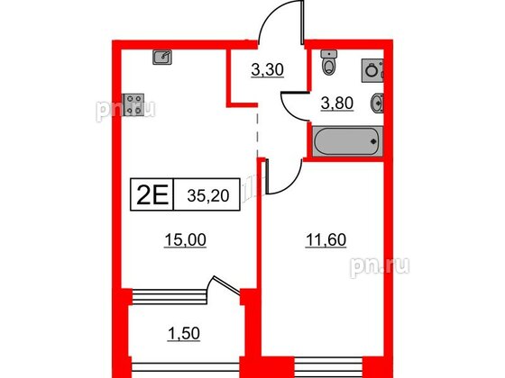 Квартира в ЖК Шкиперский, 19, 1 комнатная, 35.2 м², 3 этаж