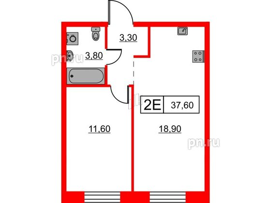 Квартира в ЖК Шкиперский, 19, 1 комнатная, 37.6 м², 2 этаж