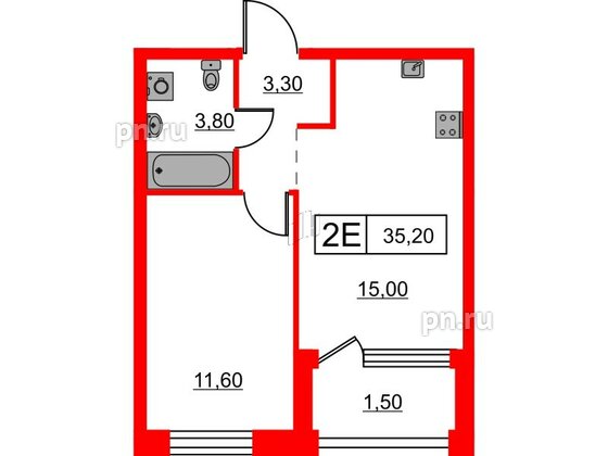 Квартира в ЖК Шкиперский, 19, 1 комнатная, 35.2 м², 3 этаж