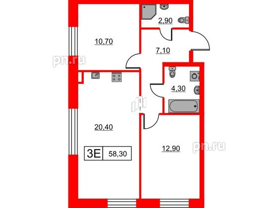 Квартира в ЖК Шкиперский, 19, 2 комнатная, 58.3 м², 3 этаж