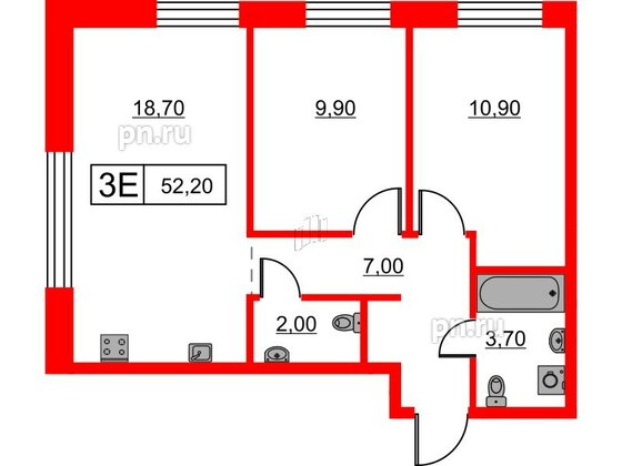 Квартира в ЖК Шкиперский, 19, 2 комнатная, 52.2 м², 1 этаж