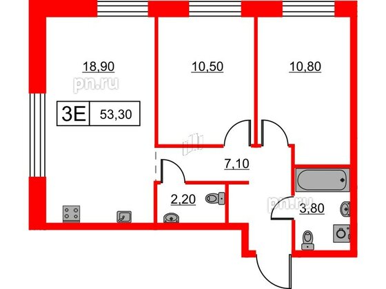 Квартира в ЖК Шкиперский, 19, 2 комнатная, 53.3 м², 2 этаж