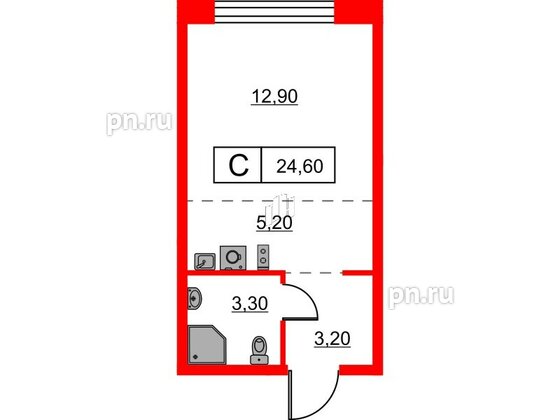 Квартира в ЖК Шкиперский, 19, студия, 24.6 м², 7 этаж