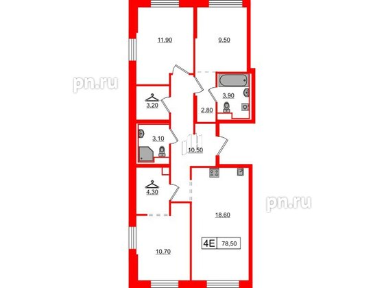 Квартира в ЖК Заречный парк, 3 комнатная, 78.5 м², 1 этаж