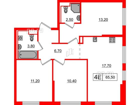 Квартира в ЖК Заречный парк, 3 комнатная, 65.5 м², 4 этаж