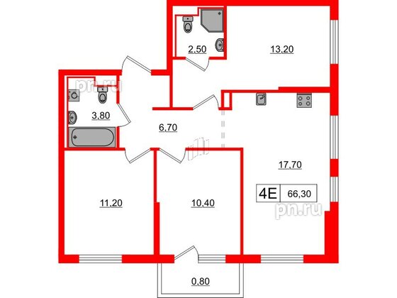 Квартира в ЖК Заречный парк, 3 комнатная, 66.3 м², 11 этаж