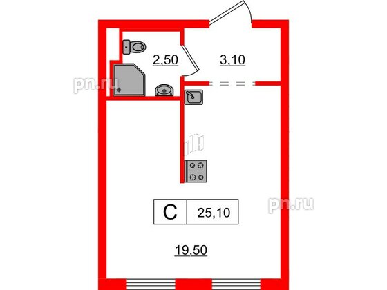 Квартира в ЖК Заречный парк, студия, 25.1 м², 9 этаж