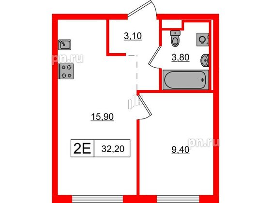 Квартира в ЖК Заречный парк, 1 комнатная, 32.2 м², 2 этаж