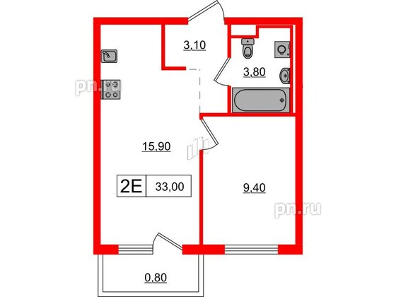 Квартира в ЖК Заречный парк, 1 комнатная, 33 м², 3 этаж