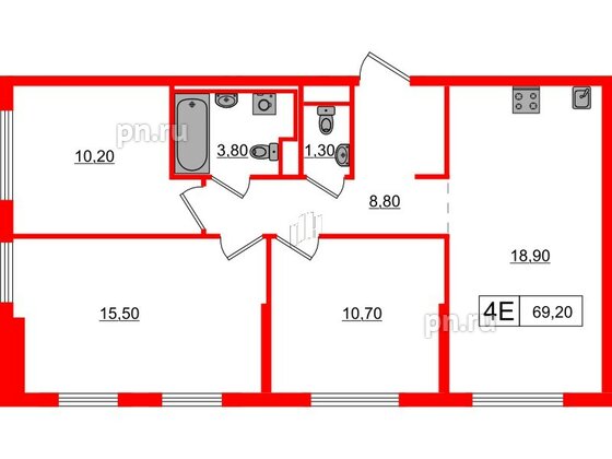 Квартира в ЖК Заречный парк, 3 комнатная, 69.2 м², 2 этаж