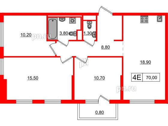 Квартира в ЖК Заречный парк, 3 комнатная, 70 м², 9 этаж