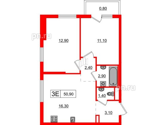 Квартира в ЖК Заречный парк, 2 комнатная, 50.9 м², 3 этаж