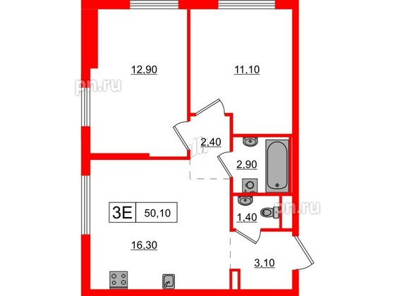 Квартира в ЖК Заречный парк, 2 комнатная, 50.1 м², 8 этаж