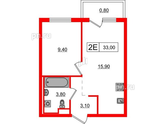 Квартира в ЖК Заречный парк, 1 комнатная, 33 м², 3 этаж