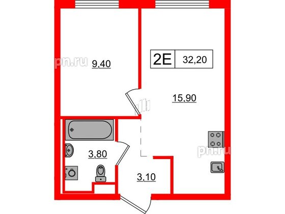 Квартира в ЖК Заречный парк, 1 комнатная, 32.2 м², 6 этаж