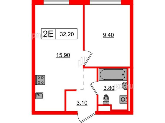 Квартира в ЖК Заречный парк, 1 комнатная, 32.2 м², 2 этаж