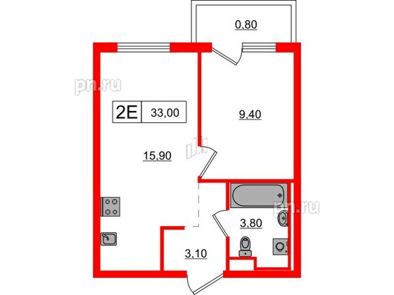 Квартира в ЖК Заречный парк, 1 комнатная, 33 м², 5 этаж