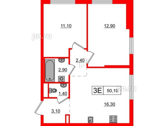 Квартира в ЖК Заречный парк, 2 комнатная, 50.1 м², 4 этаж