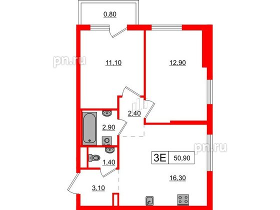 Квартира в ЖК Заречный парк, 2 комнатная, 50.9 м², 9 этаж