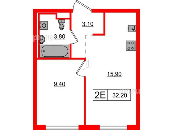 Квартира в ЖК Заречный парк, 1 комнатная, 32.2 м², 2 этаж