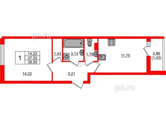 Квартира в ЖК Кинопарк, 1 комнатная, 38.95 м², 2 этаж