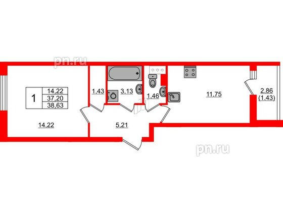 Квартира в ЖК Кинопарк, 1 комнатная, 38.63 м², 3 этаж