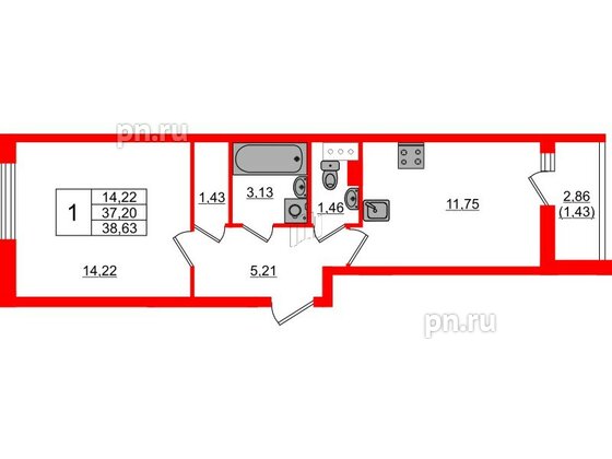 Квартира в ЖК Кинопарк, 1 комнатная, 38.63 м², 4 этаж