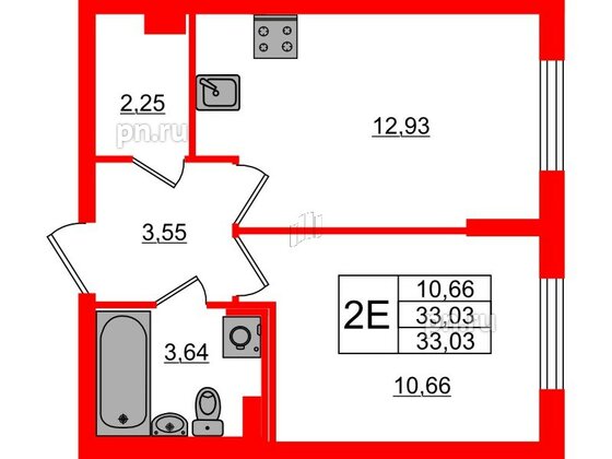 Квартира в ЖК Кинопарк, 1 комнатная, 33.03 м², 1 этаж