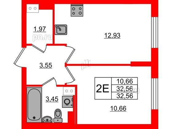 Квартира в ЖК Кинопарк, 1 комнатная, 32.56 м², 2 этаж