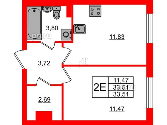 Квартира в ЖК Кинопарк, 1 комнатная, 33.51 м², 1 этаж